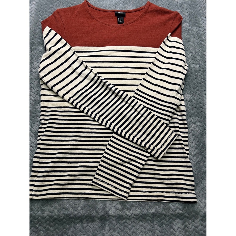 H&M Womens Long Sleeve Striped Cotton Top Rust Black Cream Boat Neck XS